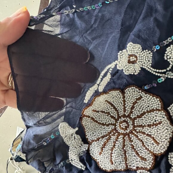 Sue Wong Scarf Shawl Navy Blue White Beaded 100 Silk Long Large Runner Chiffon 1 - Picture 8 of 16